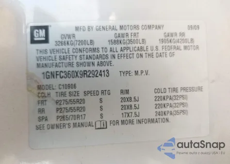 2009 Chevrolet Suburban 1500 Ltz из США, поврежденный, VIN 1GNFC360X9R292413